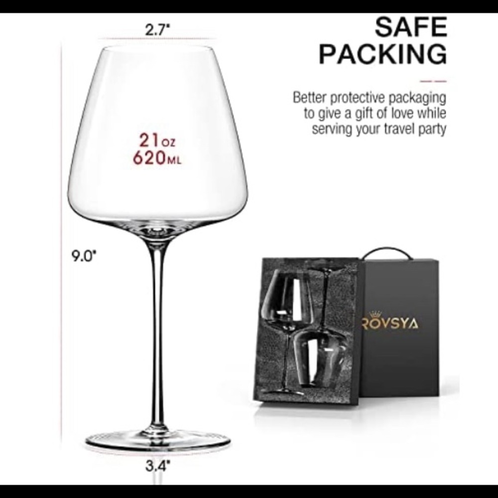 Red Wine Glasses Set of 2 - 21oz-Large Hand Blown Crystal Burgundy Glasses - Picture 2 of 5